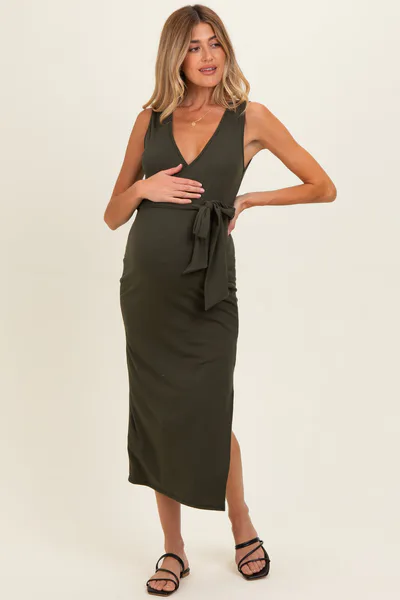 PinkBlush Olive Sleeveless Wrap Maternity Midi Dress