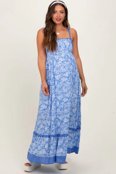 PinkBlush Blue Floral Shoulder Tie Maternity Maxi Dress