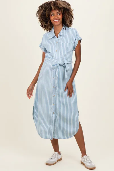 PinkBlush Light Blue Striped Chambray Maternity Midi Shirt Dress