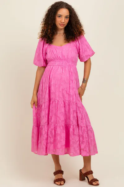 PinkBlush Pink Textured Floral Short Sleeve Maternity  Midi Dress
