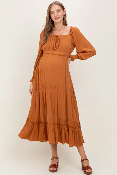 PinkBlush Camel Square Neck Long Sleeve Maternity Maxi Dress