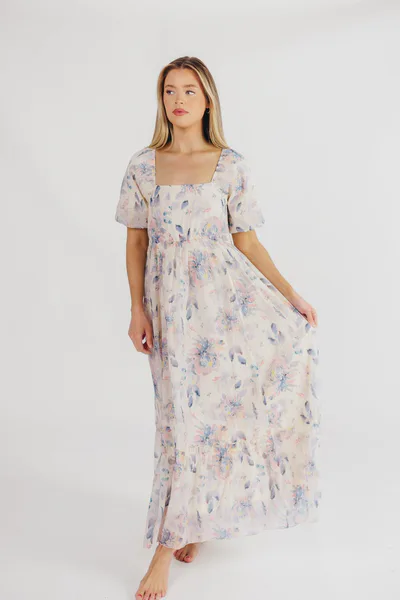 Worth Collective Callie Floral Midi Dress with Square Neckline in Blue Multi - Bump Friendly & Inclusive Sizing (S-3XL)