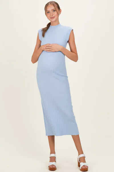 PinkBlush Sky Blue Ribbed Knit Mock Neck Maternity Maxi Dress
