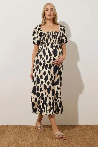 Yours Clothing LTS Tall Maternity Premium Natural Brown Leopard Puff Sleeve Dress