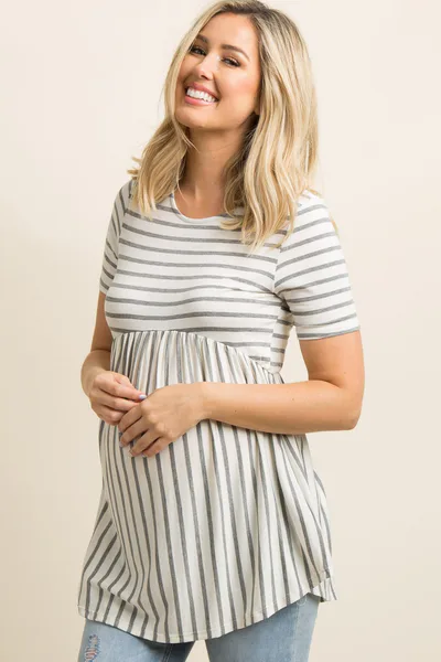PinkBlush PinkBlush Grey Striped Crisscross Back Peplum Maternity Top