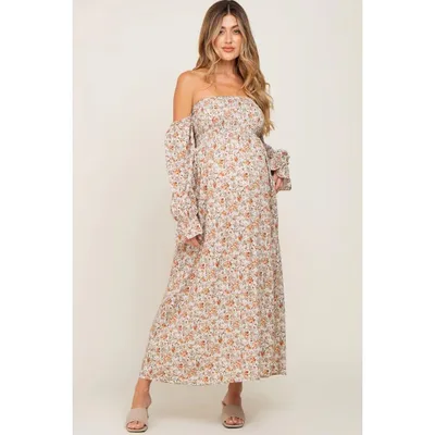 Target PinkBlush Taupe Floral Off Shoulder Long Sleeve Maternity Maxi Dress Taupe Large