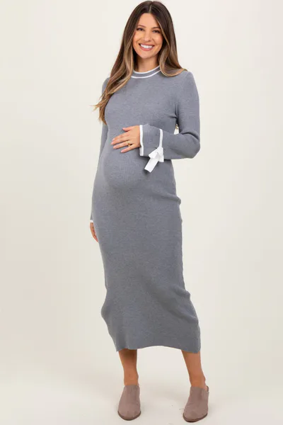 PinkBlush Grey Knit Bow Detail Sleeve Maternity Midi Sweater Dress