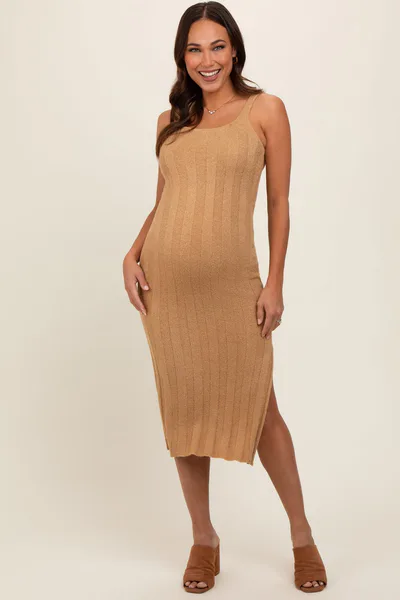PinkBlush Taupe Rib Knit Side Slit Maternity Maxi Dress