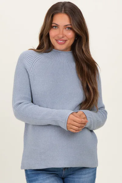 PinkBlush Light Blue Mock Neck Ribbed Knit Basic Maternity Sweater Top