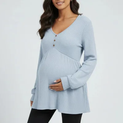 Target Anna-Kaci Women's Maternity Ribbed Knit Long Sleeve Tunic Top with Button Front V Neck Empire Waist Shirt - Large, Light Blue