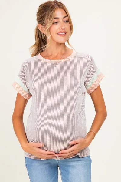 PinkBlush Mocha Rib Color Block Short Sleeve Maternity Top