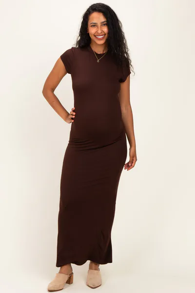 PinkBlush Brown Fitted Short Sleeve Maternity Maxi Dress