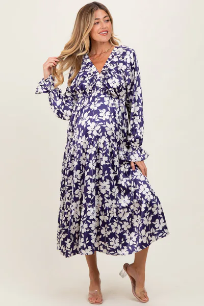 PinkBlush Navy Floral Tiered Ruched V-Neck Satin Maternity Maxi Dress