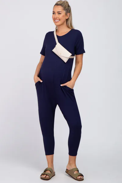 PinkBlush Navy Blue Basic Short Sleeve Maternity Jumpsuit