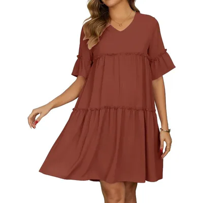 Target INSPIRE CHIC Women's Maternity Dress Babydoll Bohemian Tiered Ruffled Bell Sleeve Casual V Neck Boho Pregnancy Dresses Medium Brown