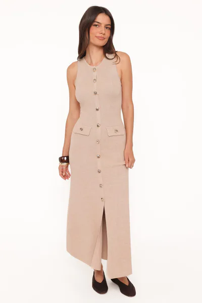 Petal & Pup Aspen Button Up Knit Dress - Oatmeal