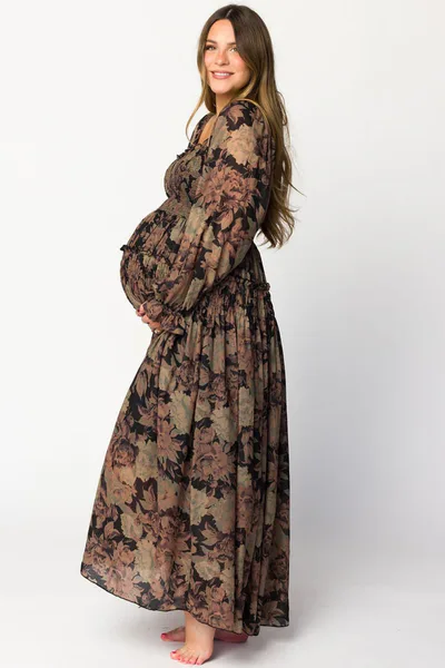 Worth Collective Blaine Smocked Maxi Dress in Black Floral - Bump Friendly