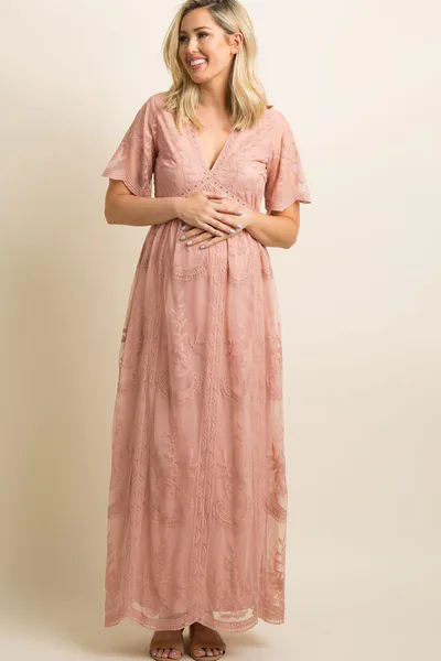 PinkBlush Light Pink Lace Mesh Overlay Maternity Maxi Dress