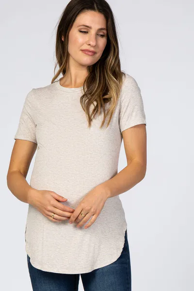 PinkBlush Beige Ribbed Round Hem Maternity Top