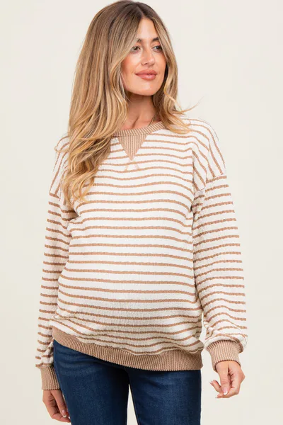 PinkBlush Mocha Contrast Rib Long Sleeve Maternity Pullover Top