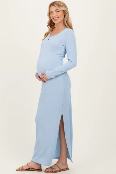 PinkBlush Light Blue Ribbed Long Sleeve Side Slit Maternity Maxi Dress