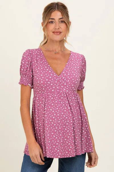 PinkBlush Mauve Ditsy Floral Smocked Sleeve Maternity Wrap Top