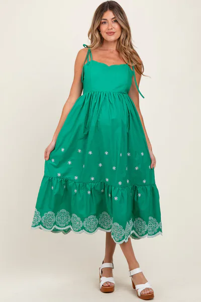 PinkBlush Green Embroidered Shoulder Tie Maternity Midi Dress