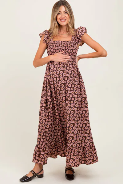 PinkBlush Brown Floral Smocked Maternity Midi Dress