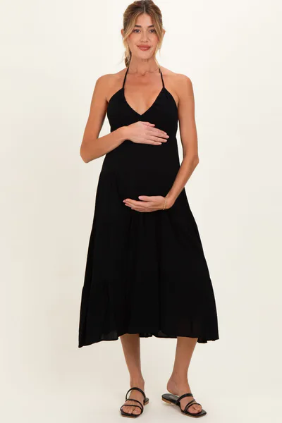 PinkBlush Black Halter Cutout Maternity Midi Dress