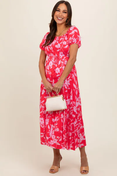PinkBlush Coral Floral Off Shoulder Puff Sleeve Maternity Midi Dress