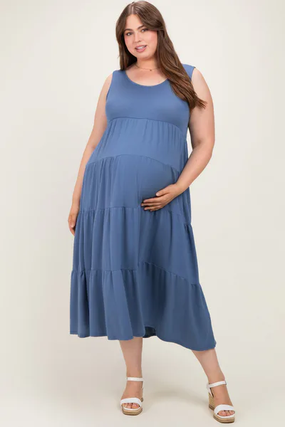 PinkBlush Blue Solid Tiered French Terry Maternity Plus Maxi Dress