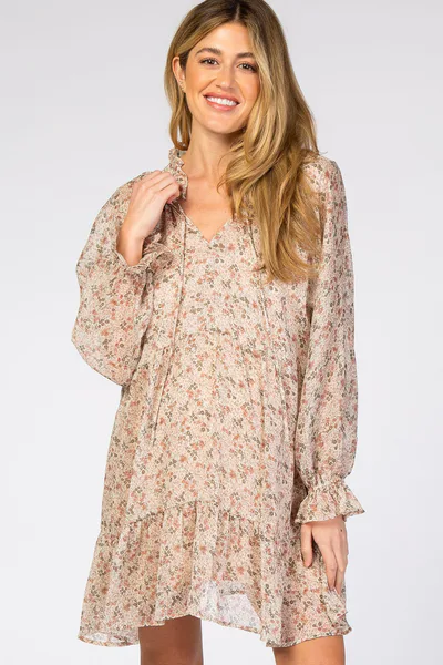 PinkBlush Cream Floral Chiffon Ruffle Hem Maternity Dress
