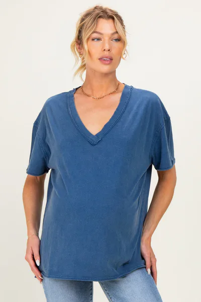 PinkBlush Navy Washed V-Neck Oversized Maternity Tee