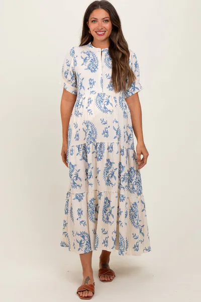 PinkBlush Blue Paisley Button Up Tiered Maternity Maxi Dress
