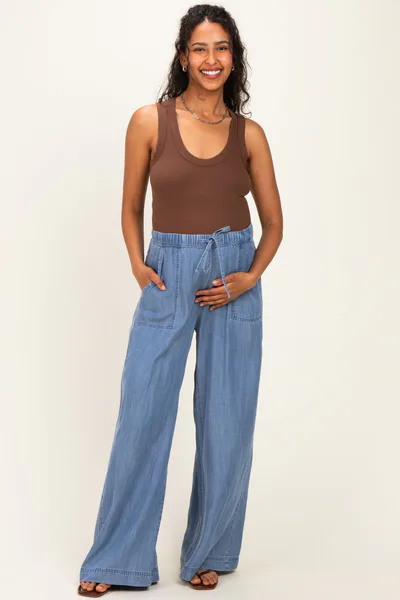 PinkBlush Medium Wash Chambray Wide Leg Maternity Pants