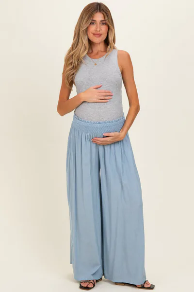 PinkBlush Light Blue Linen-Blend Wide Leg Maternity Pants