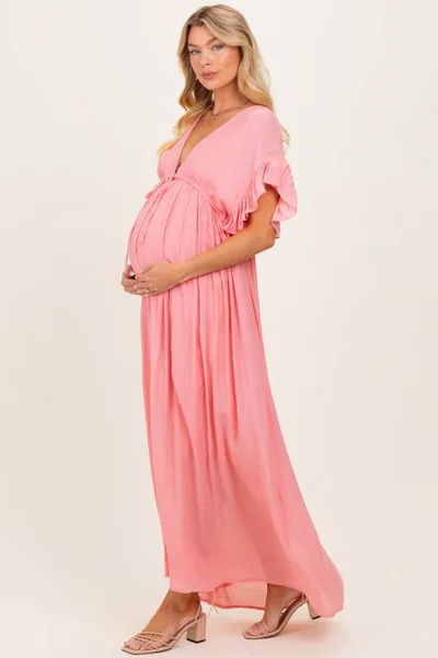 PinkBlush Pink Button Down Deep V-Neck Maternity Maxi Dress