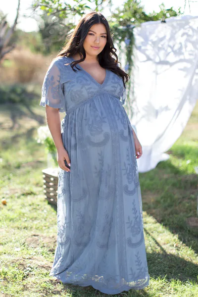 PinkBlush PinkBlush Blue Lace Mesh Overlay Plus Maternity Maxi Dress