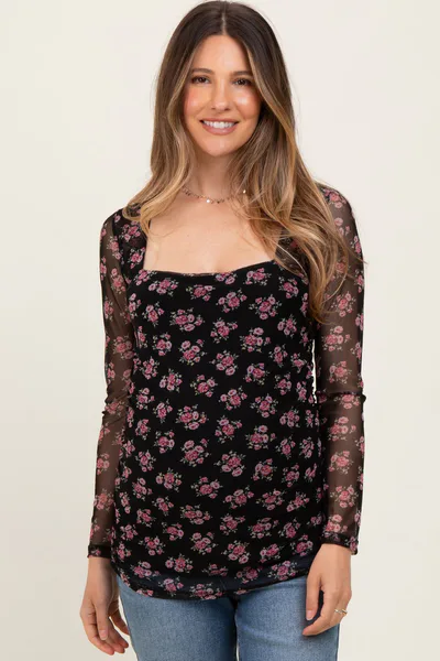 PinkBlush Black Square Neck Sheer Sleeve Maternity Floral Top