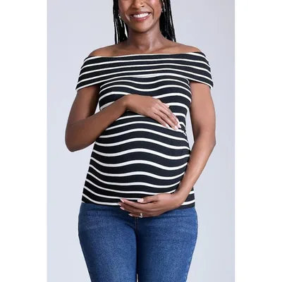 Target Women's Rib Knit Short Sleeve Off The Shoulder Top - Black & White Stripe - Size: Large - Motherhood Maternity
