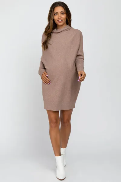 PinkBlush Taupe Funnel Neck Dolman Sleeve Maternity Mini Dress