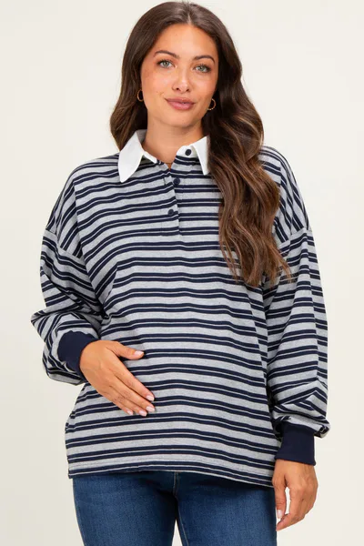 PinkBlush Navy Striped Long Sleeve Collared Oversized Maternity Shirt