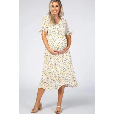 Target PinkBlush Ivory Floral Tie Sleeve Maternity Midi Dress Ivory Small