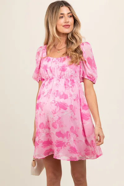 PinkBlush Pink Floral Puff Sleeve Maternity Mini Dress