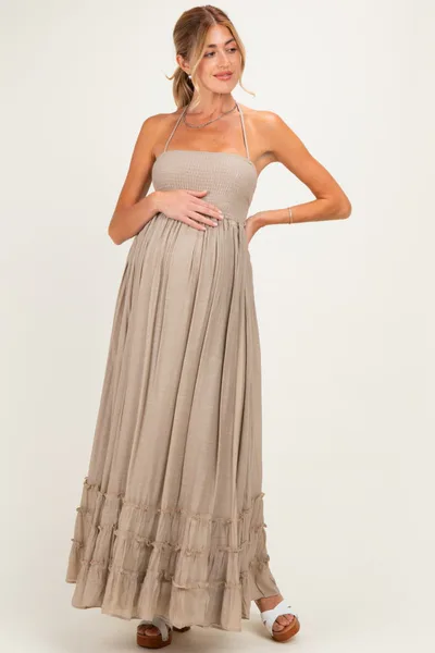 PinkBlush Beige Smocked Halter Open Back Maternity Maxi Dress