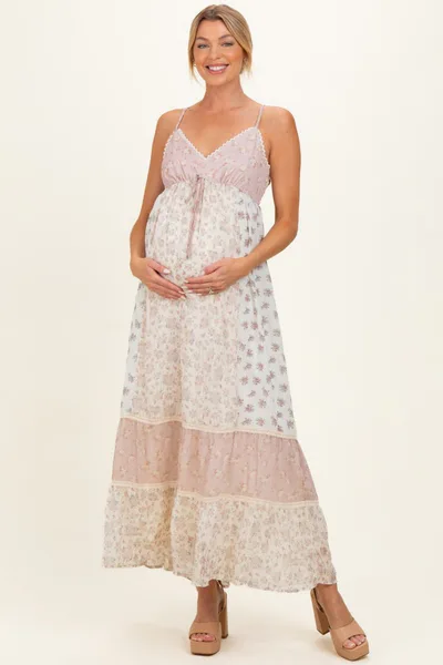 PinkBlush Vintage Pink Mixed Floral Maternity Maxi Dress