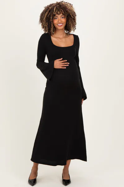 PinkBlush Black Solid Ribbed Long Sleeve Square Neck Maternity Maxi Dress