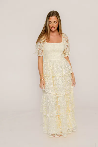 Worth Collective Athena Lace Tiered Smocked Maxi Dress in Butter Cream - Bump Friendly