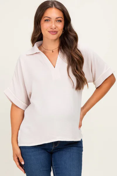 PinkBlush Oatmeal Embroidered Detail Collared Boxy Maternity Top