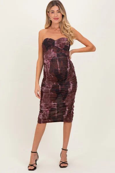 PinkBlush Pink Brown Tube Ruching Midi Maternity Dress